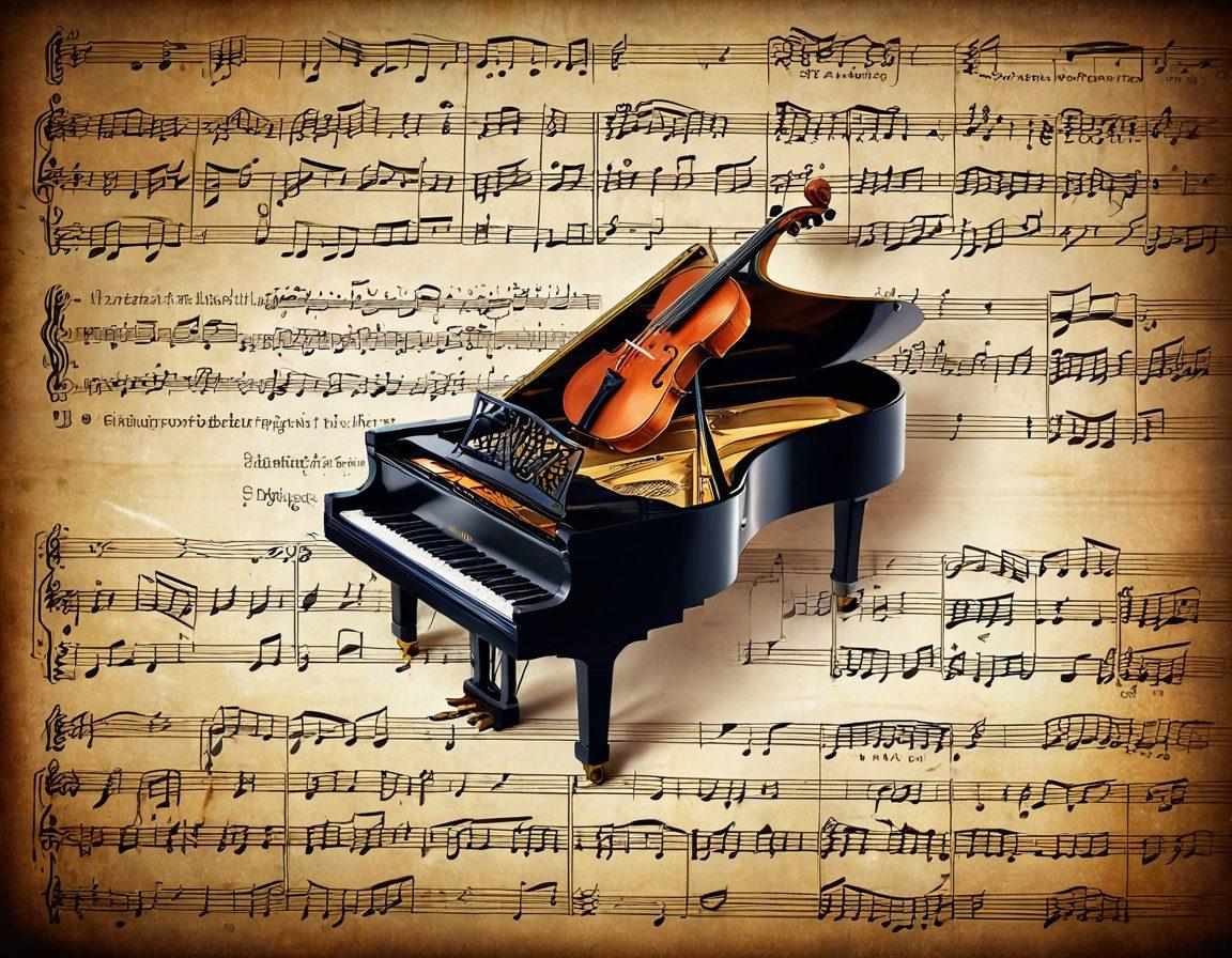 An intricate sheet of music with elegant notes and symbols dancing across the page, surrounded by vintage instruments like a grand piano and violin. In the background, a soft glow emanates from musical compositions on parchment, revealing hidden secrets of music theory. A creative mix of colors reflecting harmony and rhythm flows through the design. super-realistic. vibrant colors. soft focus.