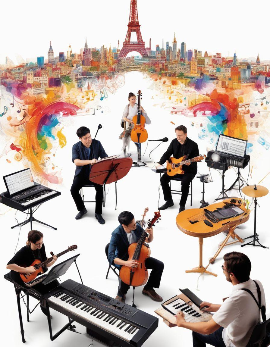 A vibrant scene of diverse musicians engaging in an online music class, surrounded by digital tools like tablets and software interfaces showcasing music notes and editing software. Include illustrations of global landmarks to represent international communities. Emphasize a dynamic atmosphere with instruments like guitars, keyboards, and microphones. super-realistic. vibrant colors. white background.