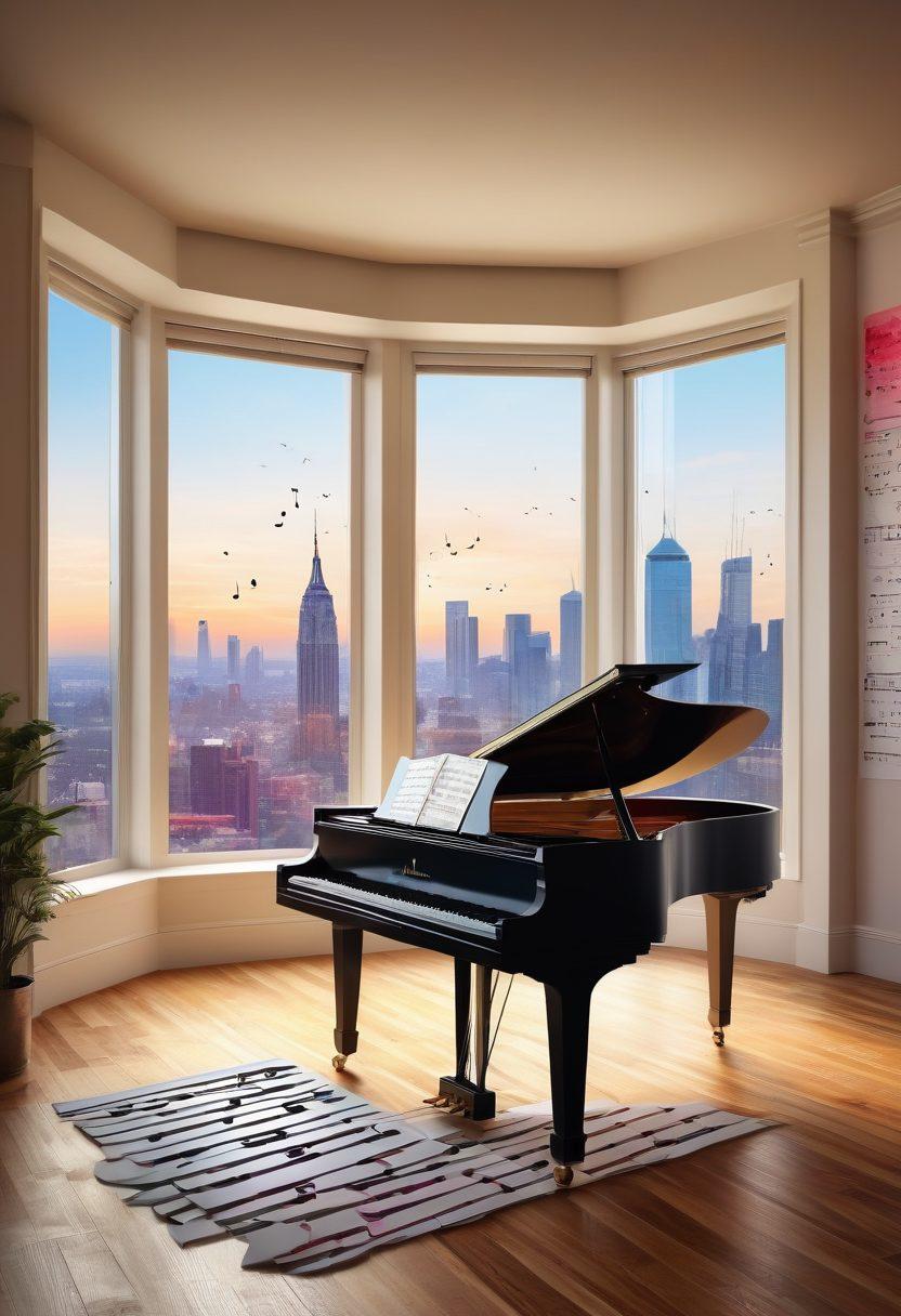 A captivating scene featuring a diverse music composing workspace, showcasing a grand piano, digital sheets filled with notes on a tablet, scattered sheet music, and vibrant musical staff illustrations. Include an inspiring view of a city skyline through a window, with colorful musical notes floating in the air, symbolizing creativity and inspiration. Lighting should be warm and inviting. super-realistic. vibrant colors. soft focus.